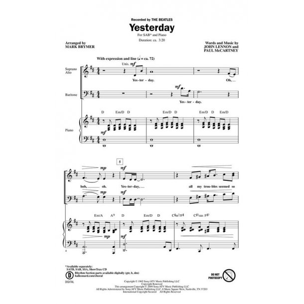 THE BEATLES YESTERDAY (BRYMER MARK) SAB CHORAL