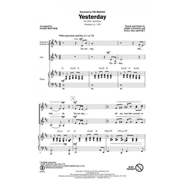 BEATLES YESTERDAY (ARR MARK BRYMER) SSA CHORAL