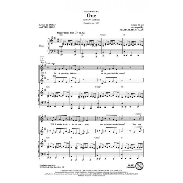 U2 ONE (ARR MICHAEL HARTIGAN) SSA CHORAL