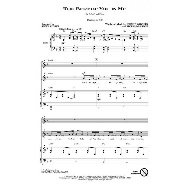 RODGERS/BARONE THE BEST OF YOU IN ME (ARR ZEGREE STEVE) 2 PART CHORAL