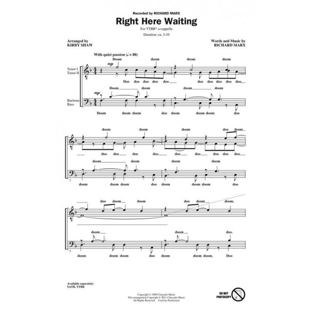 MARX RICHARD RIGHT HERE WAITING (SHAW KIRBY) TTBB A CAPPELLA CHORAL