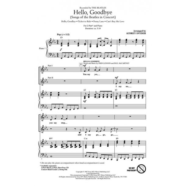BEATLES HELLO GOODBYE SONGS OF BEATLES IN CONCERT (SNYDER AUDREY) 2PT