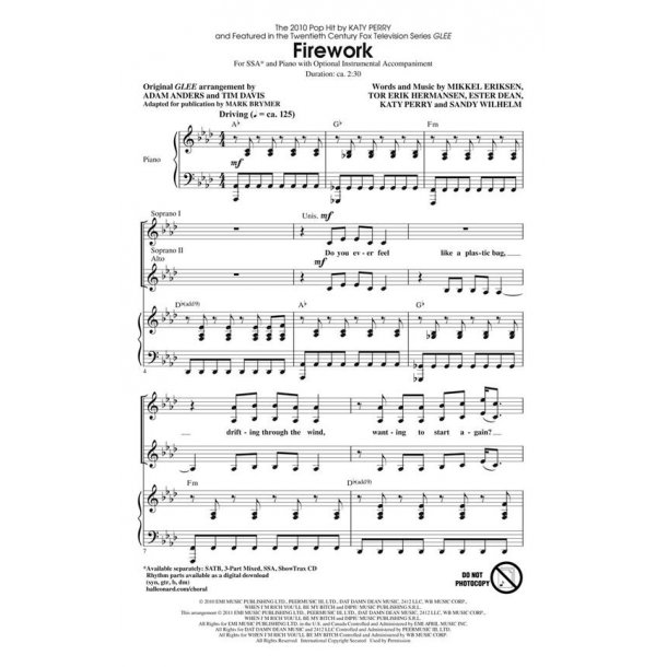 Perry Katy Firework (Anders Adam/Davis Tim) Ssa Choral