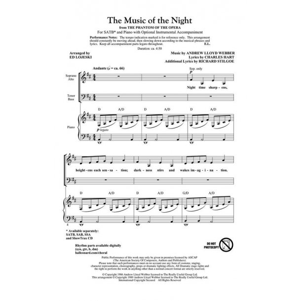 Lloyd Webber/Hart/Stilgoe The Music Of The Night (Lojeski) Showtrax Cd