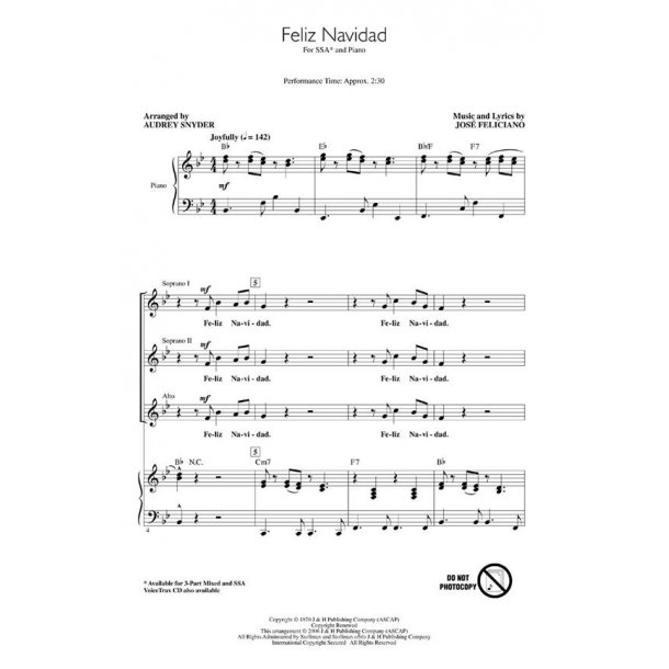 FELICIANO JOSE FELIZ NAVIDAD (ARR SNYDER AUDREY) SSA CHORAL