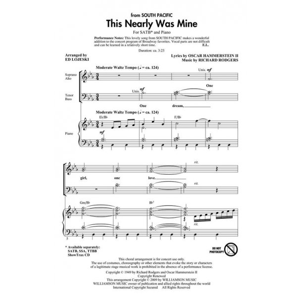 Rodgers/Hammerstein This Nearly Was Mine (Arr Lojeski Ed) Showtrax Cd