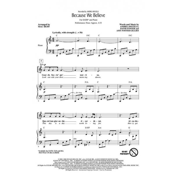 Bocelli/Foster/Foster-Gillies Because We Believe (Huff) Showtrax Cd