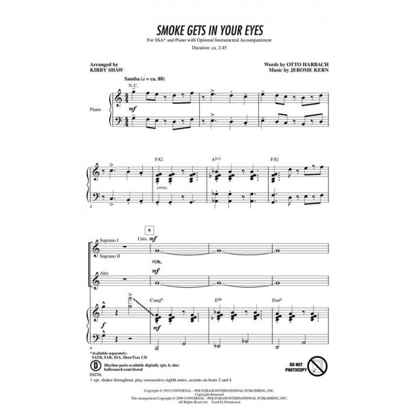 JEROME KERN SMOKE GETS IN YOUR EYES (ARR KIRBY SHAW) SSA CHORAL