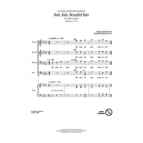 SHABALALA JOSEPH RAIN RAIN BEAUTIFUL RAIN TTBB A CAPPELLA CHORAL