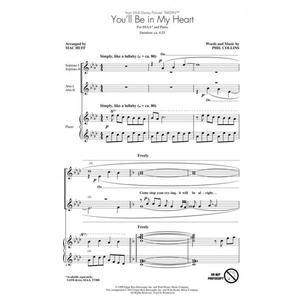 COLLINS PHIL YOU'LL BE IN MY HEART TARZAN (ARR HUFF MAC) SSAA CHOR