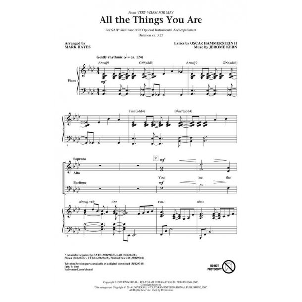 Kern/Hammerstein All The Things You Are (Arr Hayes Mark) Sab Choral