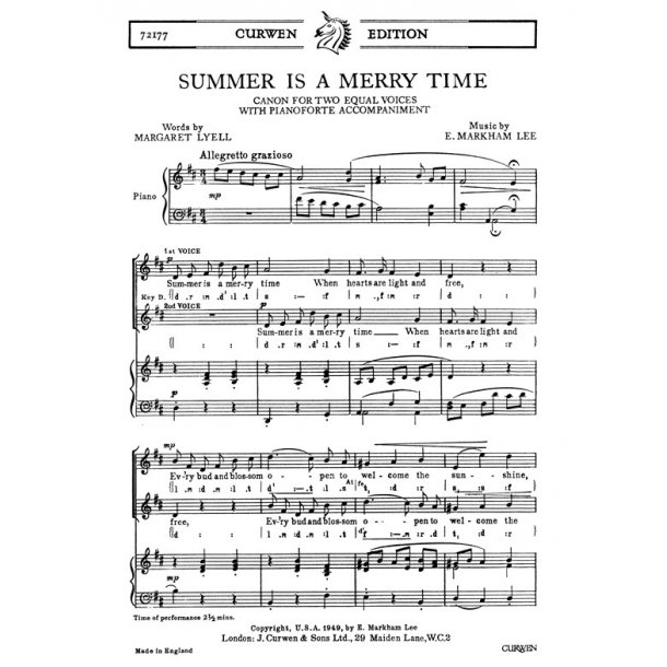 Markham Lee, E Summer Is A Merry Time 2pt/Piano