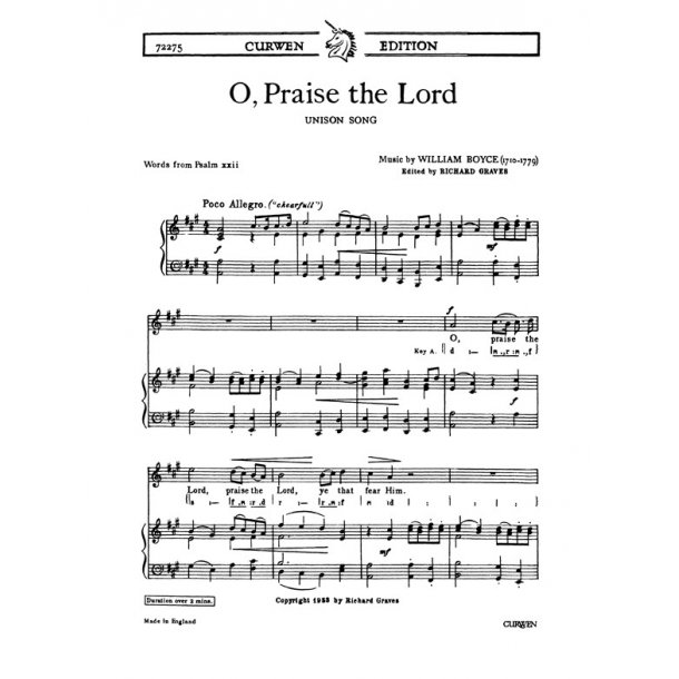 Boyce, W O Praise The Lord Unison/Piano