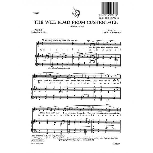 Thiman, E The Wee Road From Cushendall Unison/Piano