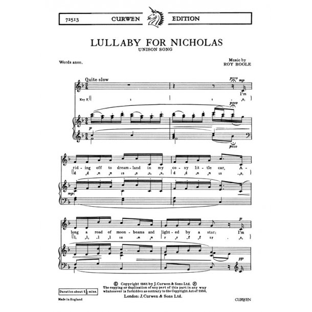 Boole , R Lullaby For Nicholas Unison/Piano