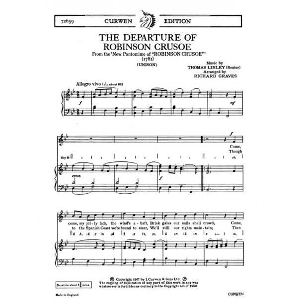 Linley, T The Departure Of Robinson Crusoe Unison/Piano