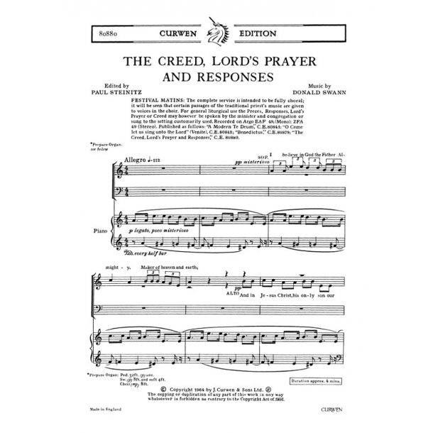 Swann, D The Creed, Lord's Prayer And Responses Satb/Piano