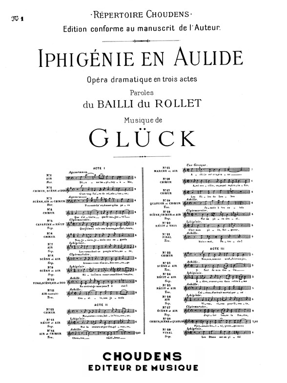 GLUCK, CHRISTOPH WILLIBALD VON IPHIGENIE EN AULIDE NO1 VOICE/PIANO