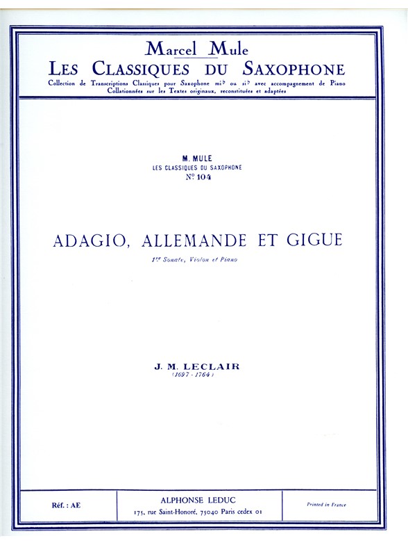 Jean-Marie Leclair: Adagio, Allemande And Gigue For Alto Saxophone And Piano