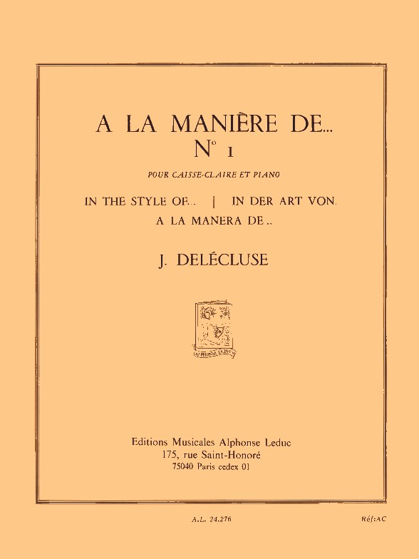 Jacques Delécluse: A la Manière de...No.1 (Percussion And Piano)