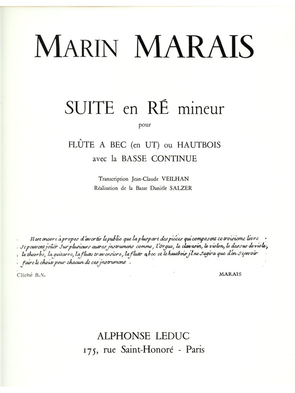 Marin Suite In D Minor 4eme Livre 1ere Suite Rec Or Oboe & Bass Cont