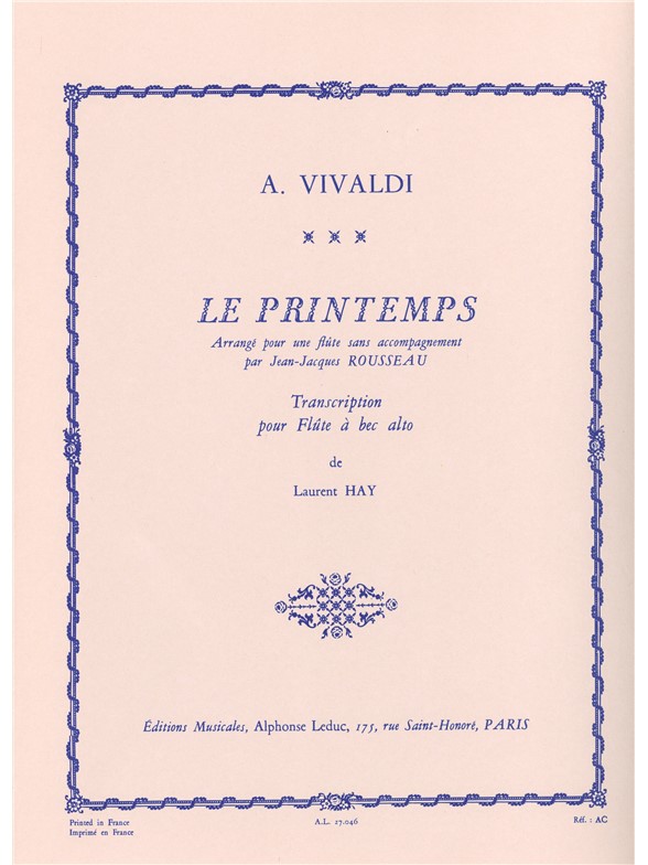 Antonio Vivaldi: 'Spring' in E major arranged for Alto Recorder Solo