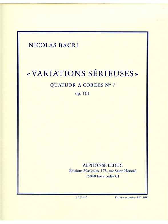 Bacri Variations Serieuses Op.101 14' String Quartet Book