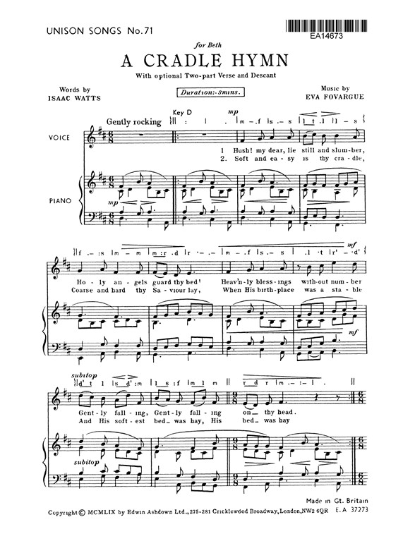 Fovargue, E Cradle Hymn Unison/Pf