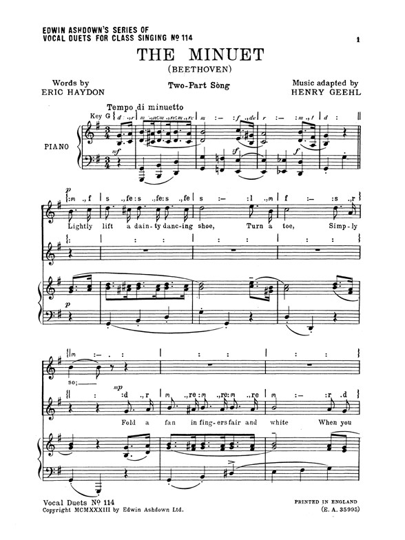 Beethoven: The Minuet (2 Part/Piano) Arr. Geehl