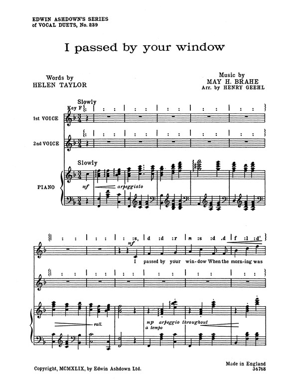May H. Brahe: I Passed By Your Window (2pt/Piano)