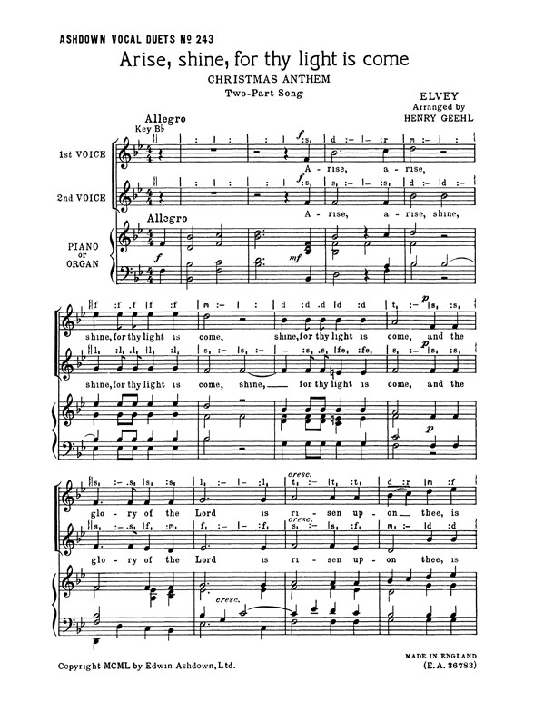 Elvey Arise, Shine, For Thy Light Is Come 2pt/Piano