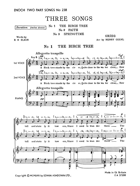 Grieg, E Three Songs 2pt/Pf