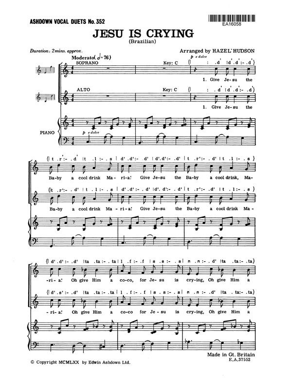 Hudson, H Jesu Is Crying Duet/Piano