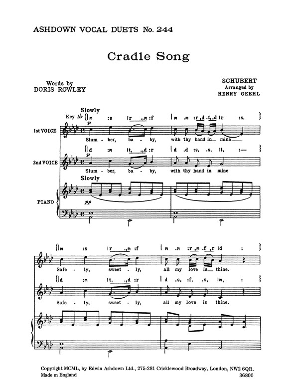 Schubert, F Cradle Song 2-pt/Pf