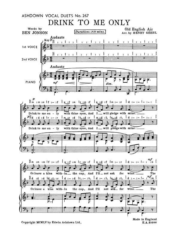 Trad Drink To Me Only 2pt/Piano