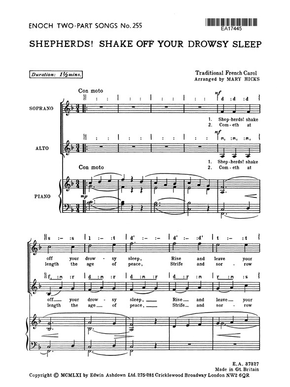 Hicks, M Shepherds! Shake Off Your Drowsy Sleep Sa/Piano