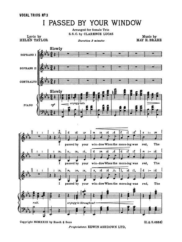 May H. Brahe: I Passed By Your Window (SSA/Piano)