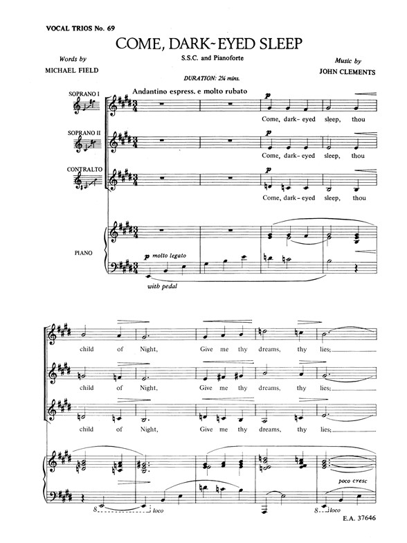 Clements, J Come Dark Eyed Sleep Ssa/Pf
