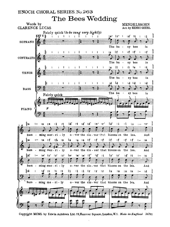 Mendelssohn, F The Bees Wedding Satb/Pf