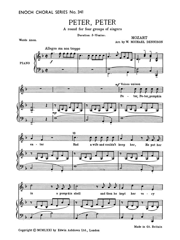 Mozart, W.A Peter Peter 4-pt Unison (Round)