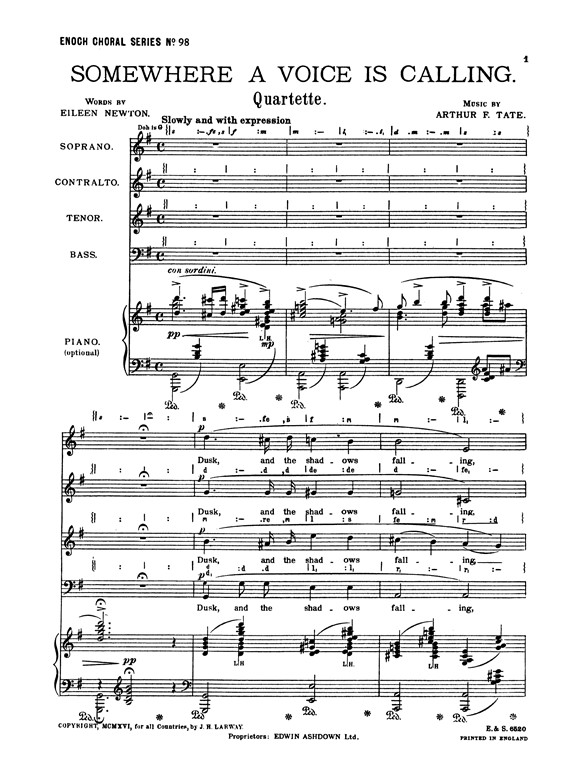 Tata, A Somewhere A Voice Is Calling Satb/Piano