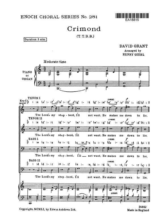 Grant Crimond The Lord's My Shepherd (Geehl) Ttbb (Ec281)