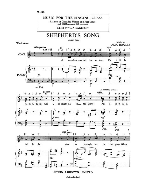 Rowley, A Shepherd's Song Unison/Pf
