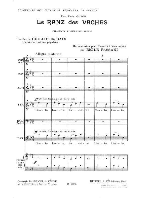 Passani Le Ranz Des Vaches 4 Part & Piano Choral
