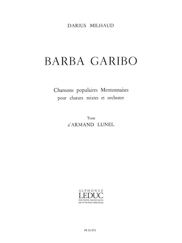 Milhaud Darius Barba Garibo Voice & Piano Book