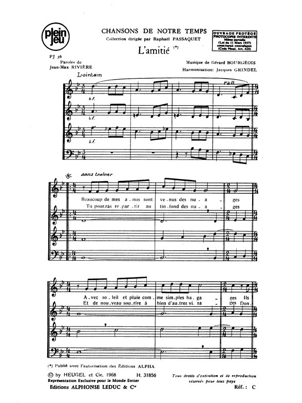 Bourgeois Riviere Chansons De Notre Temps Pj36 L'amitie 4 Part Choral