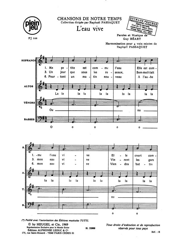 Beart Passaquet Chansons De Notre Temps Pj102 L'eau Vive 4 Part