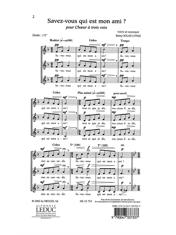 Jolas Savez Vous Qui Est Mon Ami? Choeur A 3 Part Choral