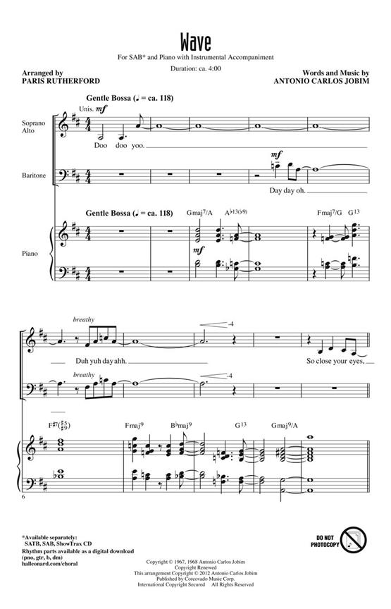 Jobim Antonio Carlos Wave (Arr Rutherford Paris) Sab Choral