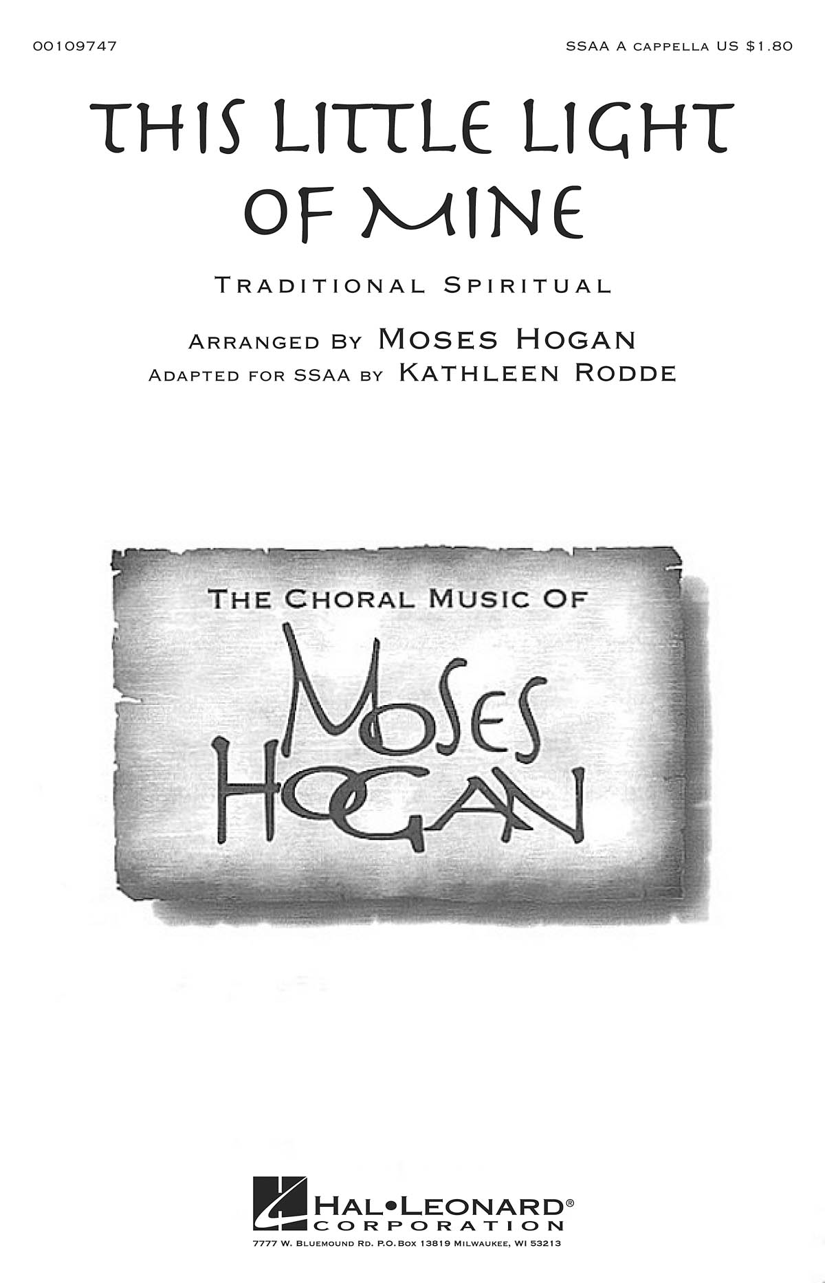 Hogan Moses This Little Light Of Mine (Rodde) Ssaa A Cappella Choral